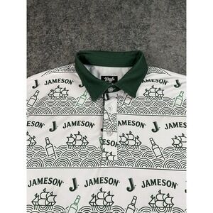 Waggle Golf Polo Shirt Mens Large Green Jameson Whiskey AOP Performance Stretch